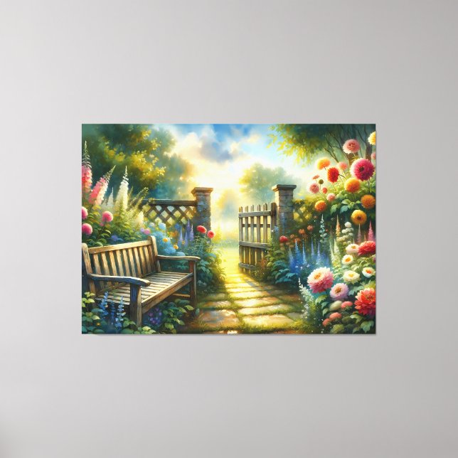 Sunlit Garden Pathway Gate Scene Canvas Print (Front)