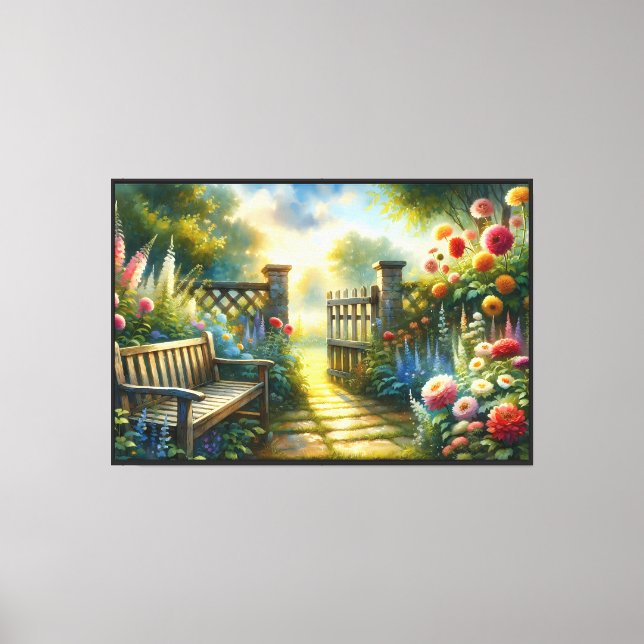 Sunlit Garden Pathway Gate Scene Canvas Print (Front)