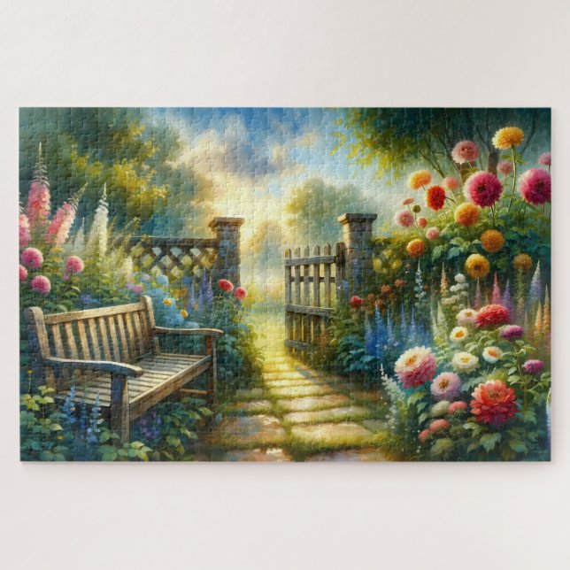Sunlit Garden Pathway Gate Scene Jigsaw Puzzle (Horizontal)