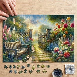 Sunlit Garden Pathway Gate Scene Jigsaw Puzzle