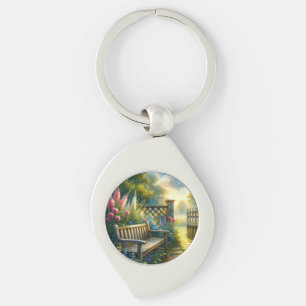 Sunlit Garden Pathway Gate Scene Key Ring
