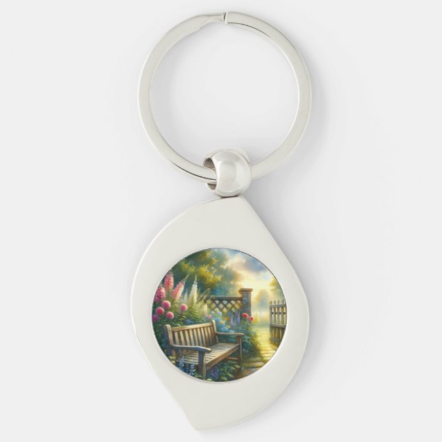 Sunlit Garden Pathway Gate Scene Key Ring (Front)