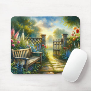 Sunlit Garden Pathway Gate Scene Mouse Mat