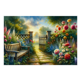 Sunlit Garden Pathway Gate Scene Poster