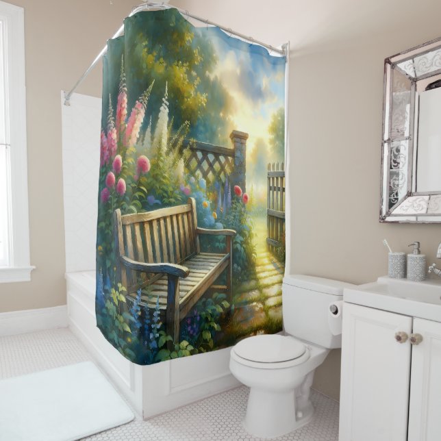 Sunlit Garden Pathway Gate Scene Shower Curtain (In Situ)