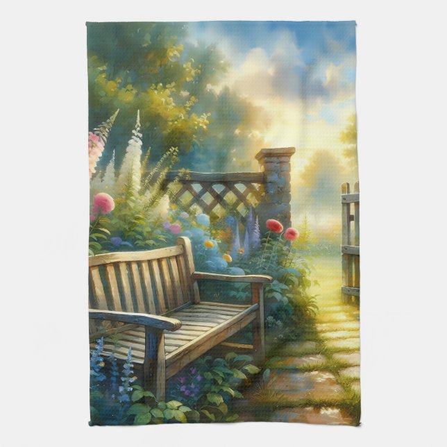 Sunlit Garden Pathway Gate Scene Tea Towel (Vertical)