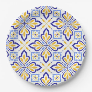 Sunlit Harmony Elegant Blue and Gold Floral Mosaic Paper Plate