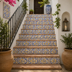 Sunlit Harmony Elegant Blue and Gold Floral Mosaic Tile
