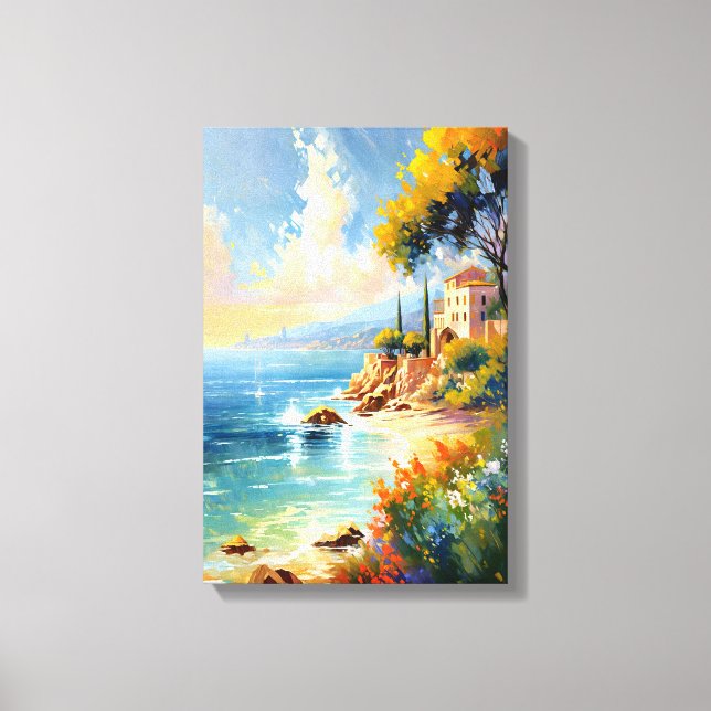 Sunlit Mediterranean Coast Impressionist Art Canvas Print (Front)