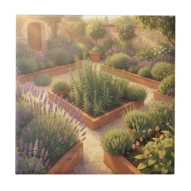 Sunlit Mediterranean Herb Garden Lavender Rosemary Tile (Front)