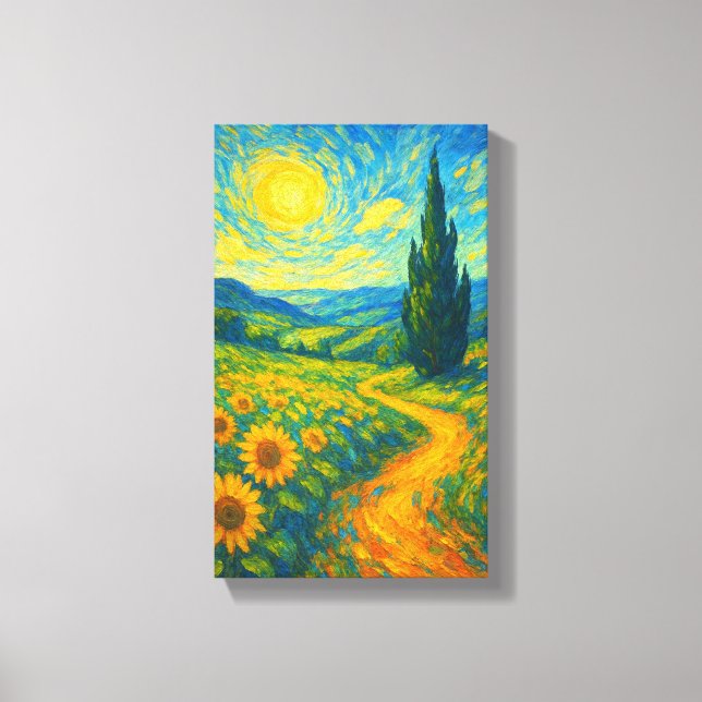 Sunlit Path Through Vibrant Sunflower Fields Canvas Print (Front)