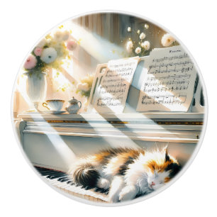Sunlit Piano Cat Cottagecore Dream Ceramic Knob