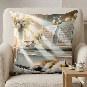 Sunlit Piano Cat Cottagecore Dream Cushion
