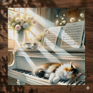 Sunlit Piano Cat Cottagecore Dream Jigsaw Puzzle