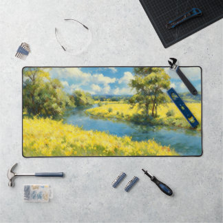 Sunlit River & Yellow Wildflower Field Oil Paintin Desk Mat