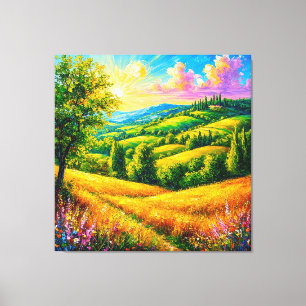 Sunlit Rolling Hills and Colourful Fields Canvas Print