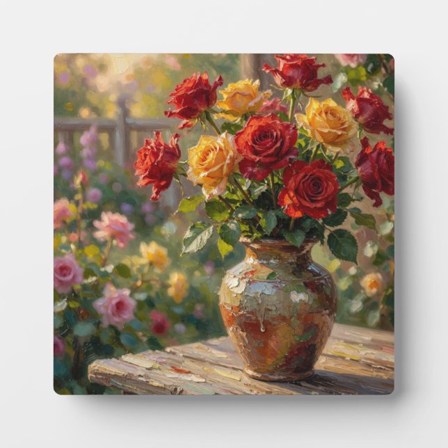 Sunlit Rustic Roses: Impressionist Oil Painting Plaque (Front)
