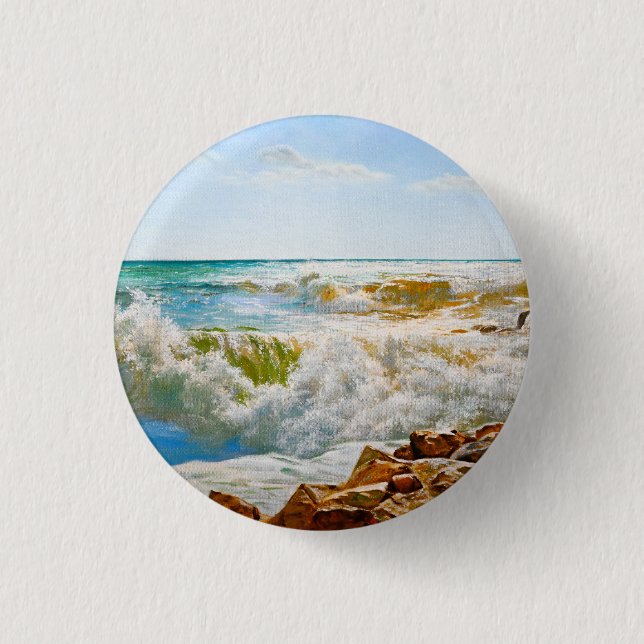 Sunlit Sea with Crashing Waves 3 Cm Round Badge (Front)
