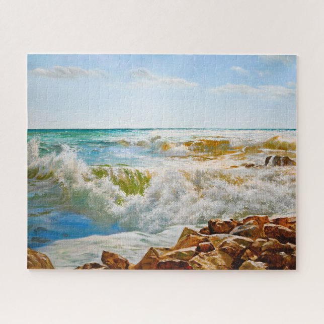 Sunlit Sea with Crashing Waves Jigsaw Puzzle (Horizontal)