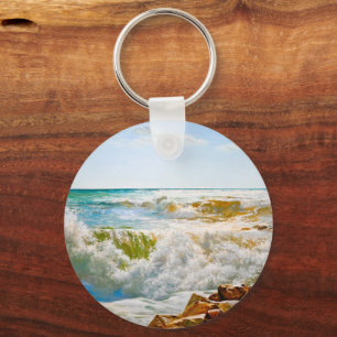 Sunlit Sea with Crashing Waves Key Ring