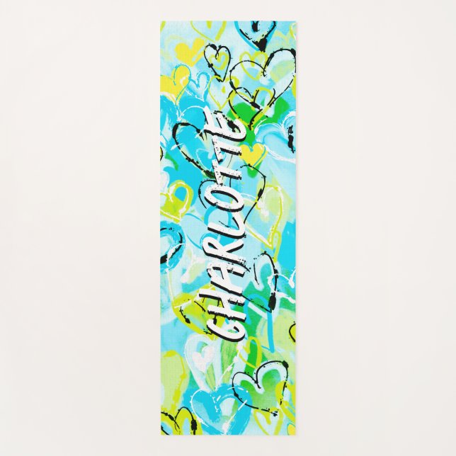 Sunlit Serenity: Sky Blue & Yellow Graffiti Hearts Yoga Mat (Front)