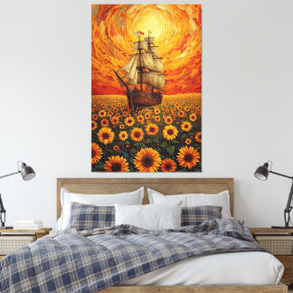  Sunlit Sunflower Sea - Whimsical Sailing Ship Fan Canvas Print