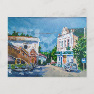 Sunlit Town Street Impressionist Postcard Scenic
