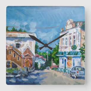 Sunlit Town Street Impressionist Wall Clock Sce