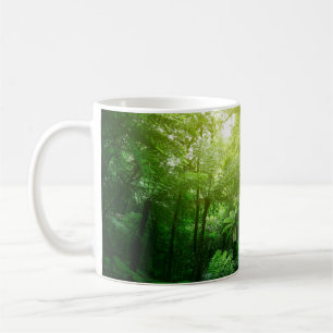 Sunlit tree canopy in tropical jungle coffee mug