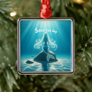 Sunlit, underwater mermaid metal tree decoration