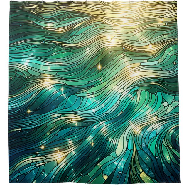 “Sunlit Waves - Vibrant Ocean Art” Shower Curtain (Front)