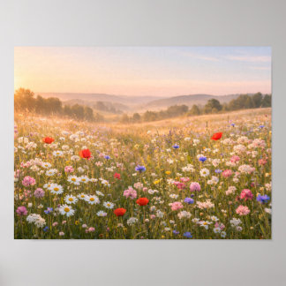 Sunlit Wildflower Meadow at Golden Sunrise Poster