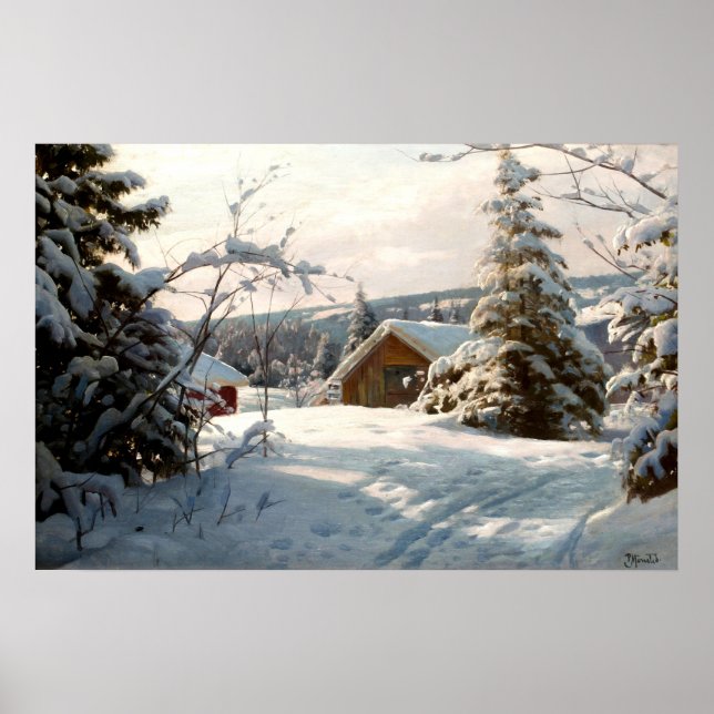 Sunlit winter landscape by Peder Mork Monsted  Poster (Front)