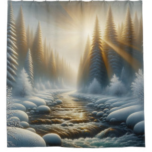 “Sunlit Winter River Scene” Shower Curtain