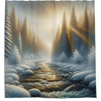 “Sunlit Winter River Scene” Shower Curtain