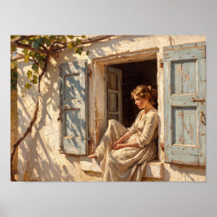 Sunlit Woman at Window with Blue Shutters Poster