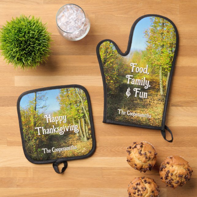 Sunlit Woods in Autumn - Personalised Oven Mitt & Pot Holder Set (Top Down)