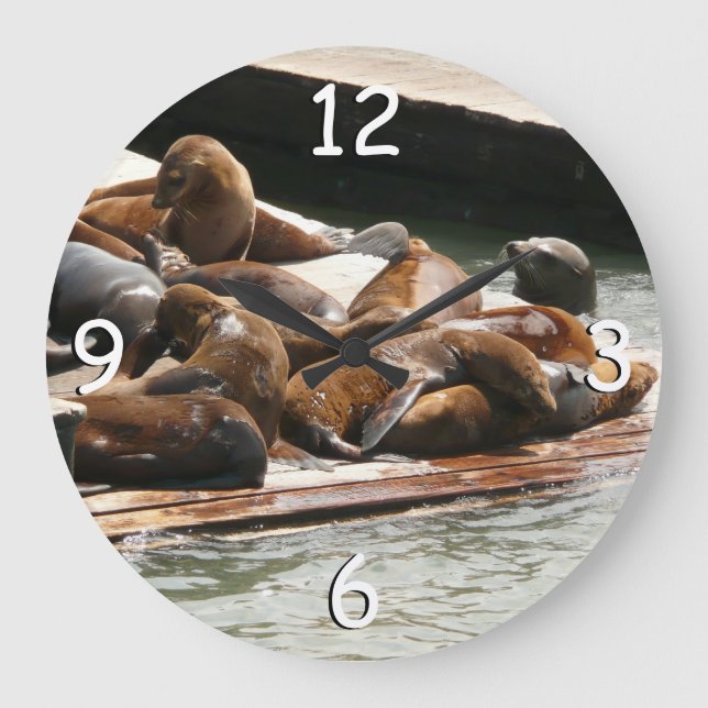 Sunning Sea Lions in San Francisco Large Clock (Front)