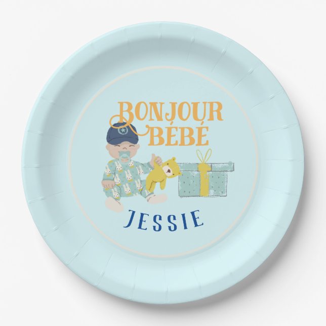 Sunny Aqua Bonjour Boy Baby  Paper Plate (Front)