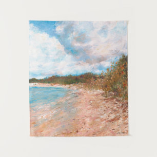 Sunny Beach Day Blue Sky Puffy Clouds Painting Tapestry