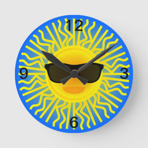 Sunny Beach Day Sun with Sunglasses Choose Colour Round Clock