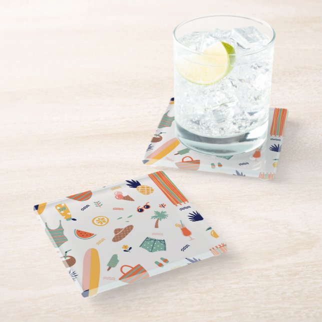 Sunny Beach Fun Pattern Glass Coaster (Angled)