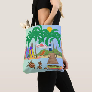 Sunny Beach Island Turtles Lighthouse Print Tote Bag