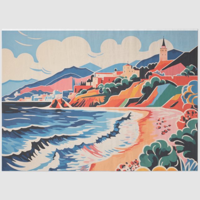 Sunny Beach Scene Old City, Mountains, Sea Tissue Paper (Front)