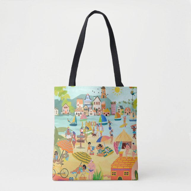 Sunny Beach Town With Happy Vacation Tourist Tote Bag (Front)