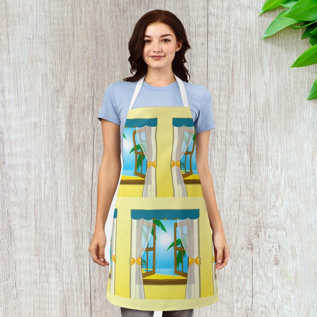 Sunny Beach View Through Open Window Apron (Creator Uploaded)