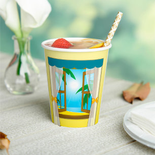Sunny Beach View Through Open Window Paper Cups