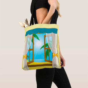 Sunny Beach View Through Open Window Tote Bag
