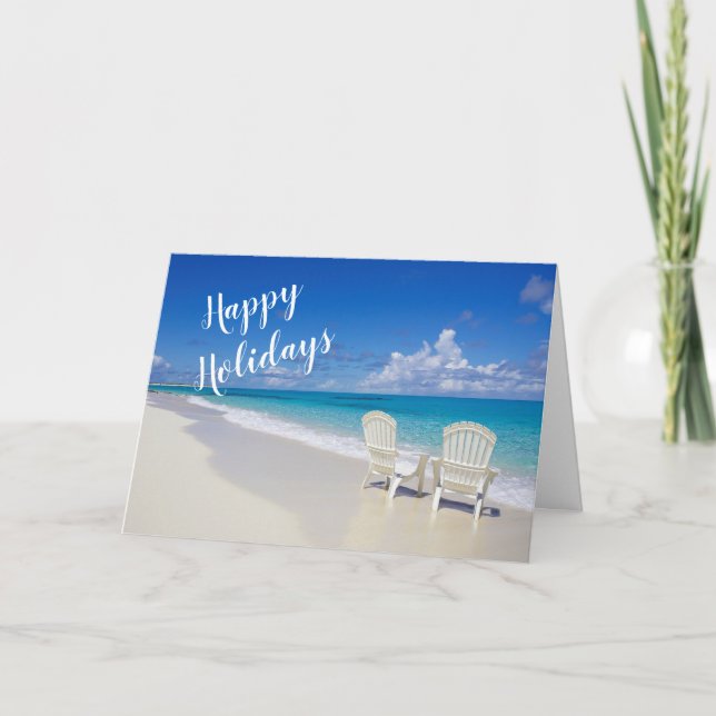 Sunny Beach With 2 Chairs Happy Holidays Card (Front)
