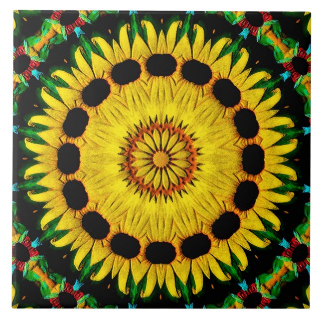 Sunny Black Eyed Susan Rudbeckia Mandala Abstract Tile (Front)